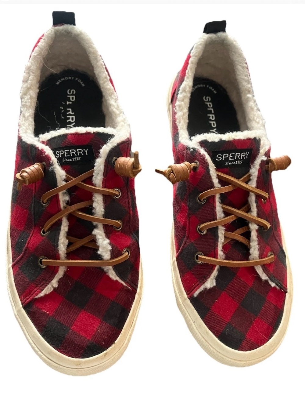 Sperry Womens Red & Black Buffalo Plaid Sherpa-Lined Sneakers Size 10